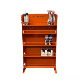 Raft modular de depozitare AUTOLIFT Shelf portocaliu, cu polițe reglabile, încărcat cu spray-uri auto, utilizabil pe podea sau montat pe perete în ateliere.