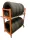 Suport mobil pentru anvelope WHEEL STAND de culoare portocalie, pe roți pivotante, încărcat cu două rânduri de roți auto, ideal pentru vulcanizări și garaje.