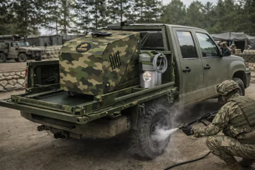 Aparat profesional de curățare cu abur și extracție Fortador PRO Max 4-in-1 Military, cu arzător Lamborghini, presiune 20 bar și ecran tactil, ideal pentru detailing auto.